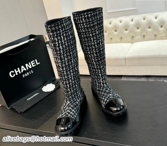 Popular Style Chanel Tweed Heel High Boots 3cm Black 1015084