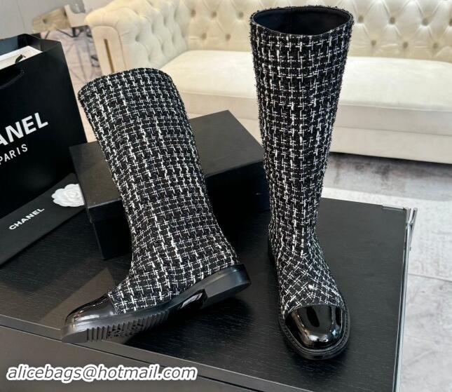 Popular Style Chanel Tweed Heel High Boots 3cm Black 1015084