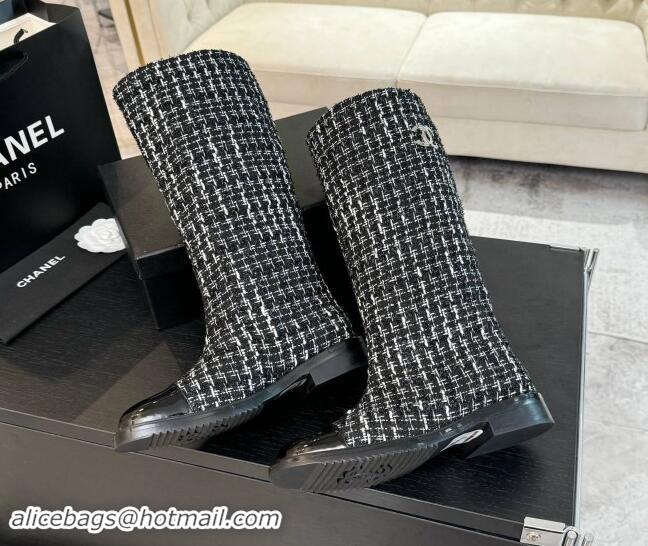 Popular Style Chanel Tweed Heel High Boots 3cm Black 1015084