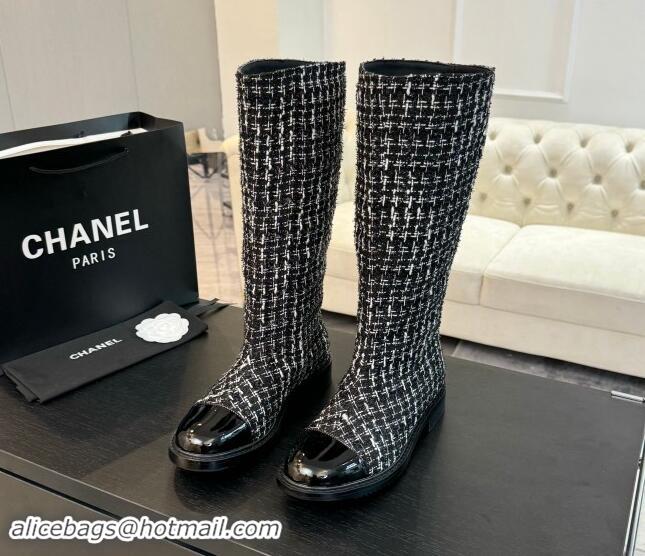 Popular Style Chanel Tweed Heel High Boots 3cm Black 1015084