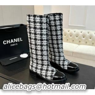 Best Product Chanel Tweed Heel High Boots 3cm Black/White 1015085