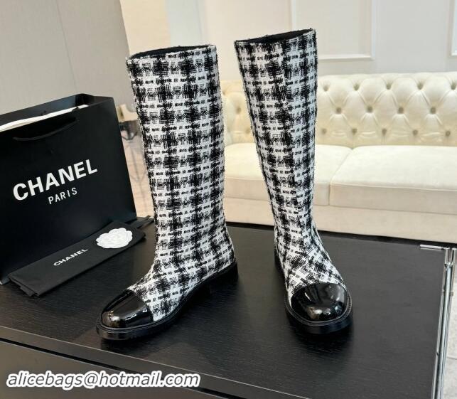 Best Product Chanel Tweed Heel High Boots 3cm Black/White 1015085