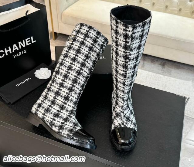 Best Product Chanel Tweed Heel High Boots 3cm Black/White 1015085