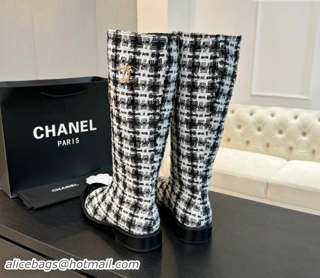 Best Product Chanel Tweed Heel High Boots 3cm Black/White 1015085