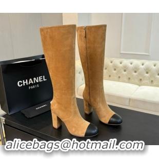 Big Discount Chanel Suede and Calfskin Heel High Boots 8cm Light Brown 1015086