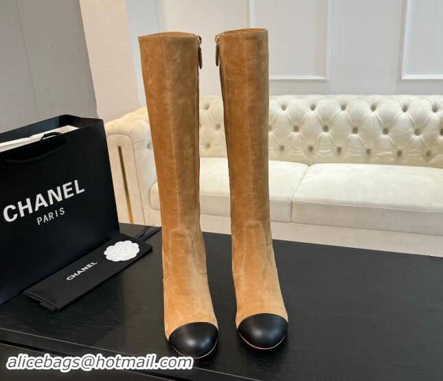 Big Discount Chanel Suede and Calfskin Heel High Boots 8cm Light Brown 1015086