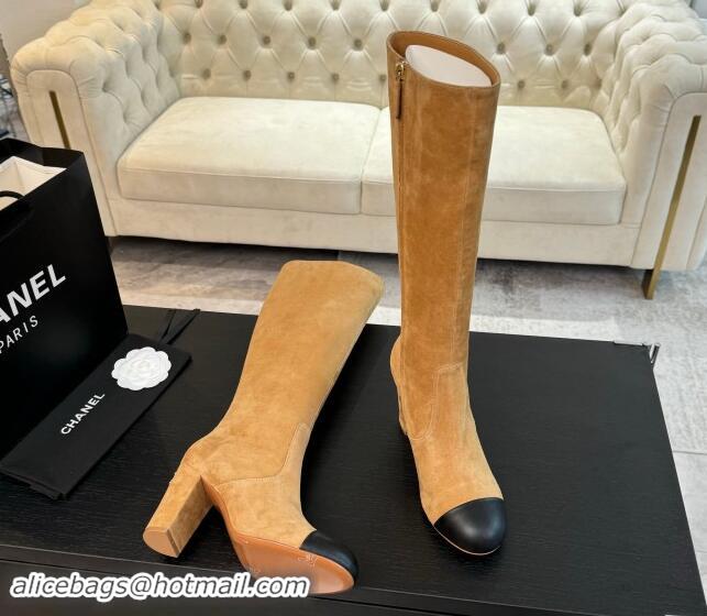 Big Discount Chanel Suede and Calfskin Heel High Boots 8cm Light Brown 1015086