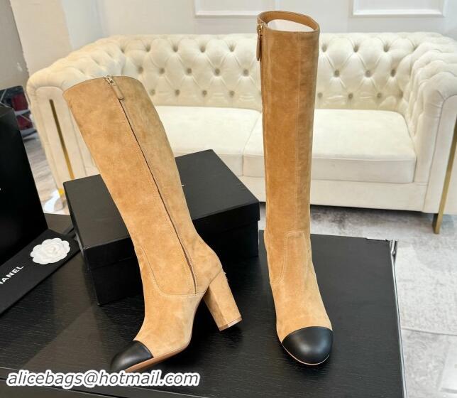 Big Discount Chanel Suede and Calfskin Heel High Boots 8cm Light Brown 1015086