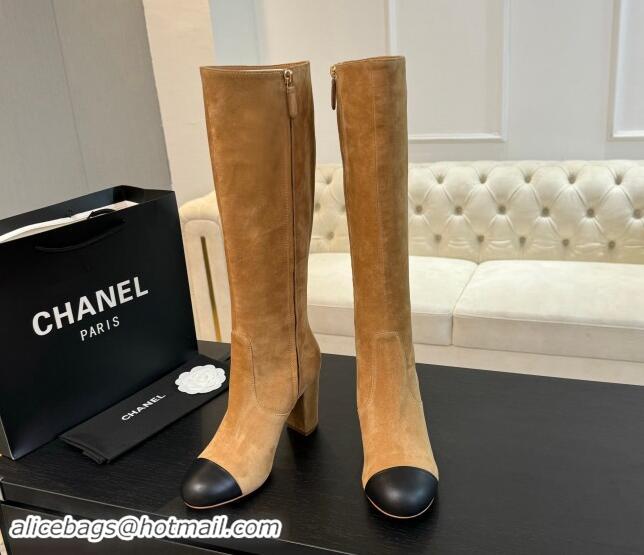 Big Discount Chanel Suede and Calfskin Heel High Boots 8cm Light Brown 1015086