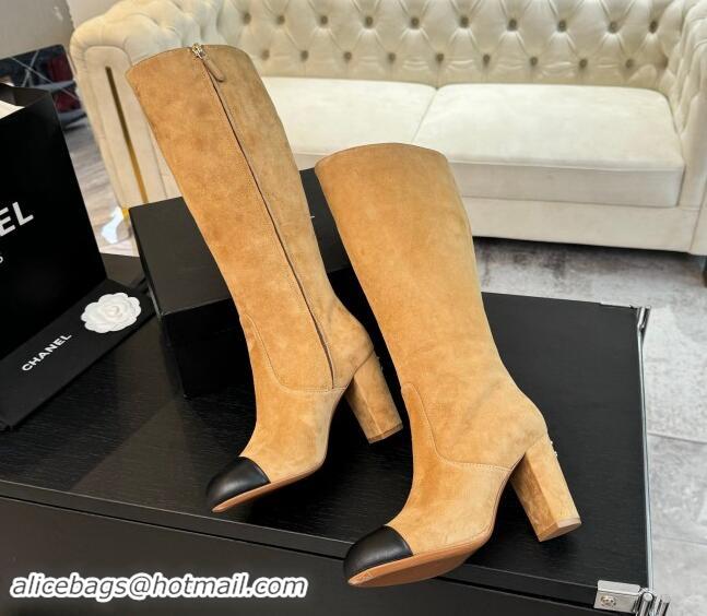 Big Discount Chanel Suede and Calfskin Heel High Boots 8cm Light Brown 1015086