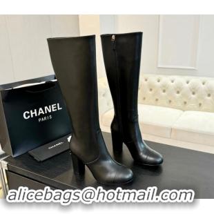 Top Design Chanel Calfskin Leather Heel High Boots 8cm Black 1015087