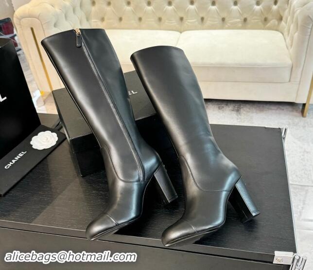 Top Design Chanel Calfskin Leather Heel High Boots 8cm Black 1015087