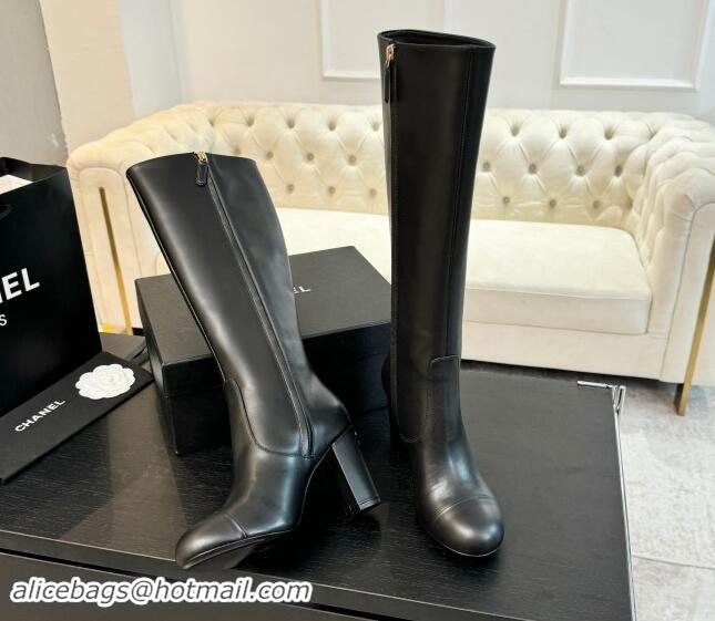 Top Design Chanel Calfskin Leather Heel High Boots 8cm Black 1015087