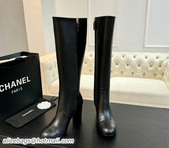 Top Design Chanel Calfskin Leather Heel High Boots 8cm Black 1015087