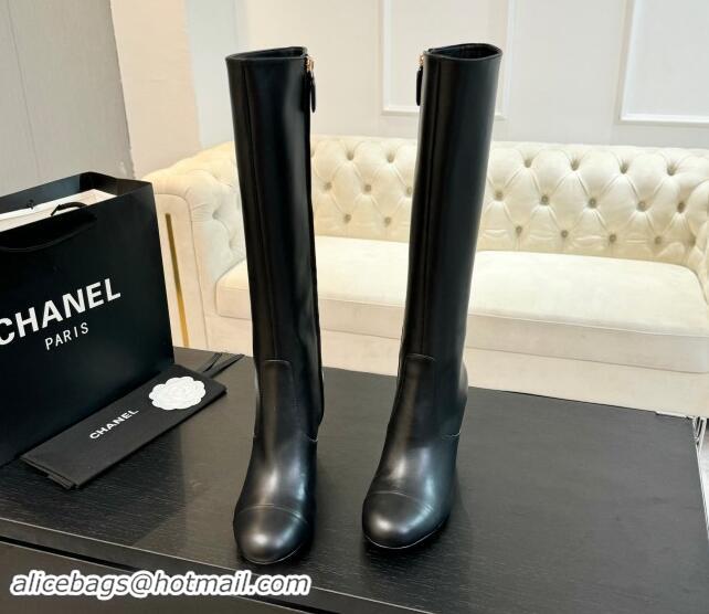 Top Design Chanel Calfskin Leather Heel High Boots 8cm Black 1015087