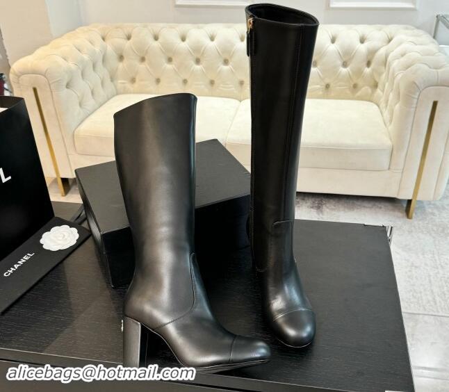 Top Design Chanel Calfskin Leather Heel High Boots 8cm Black 1015087