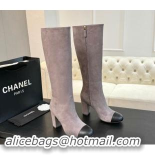 Trendy Design Chanel Suede and Calfskin Heel High Boots 8cm Dusty Purple 1015088