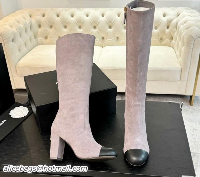 Trendy Design Chanel Suede and Calfskin Heel High Boots 8cm Dusty Purple 1015088