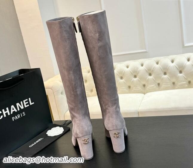 Trendy Design Chanel Suede and Calfskin Heel High Boots 8cm Dusty Purple 1015088