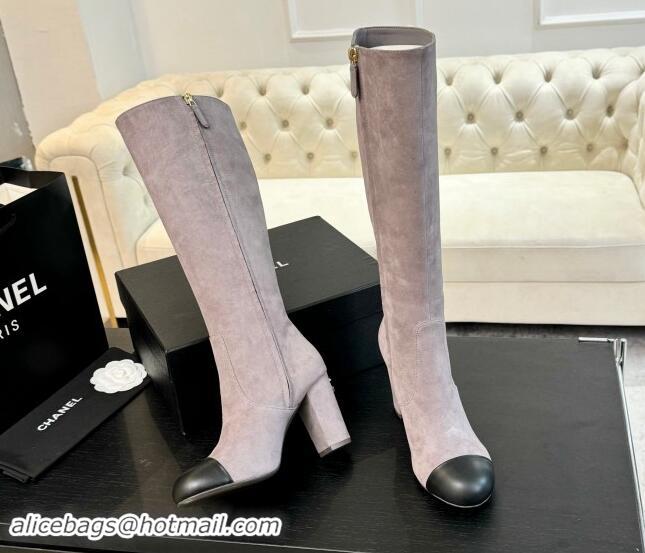 Trendy Design Chanel Suede and Calfskin Heel High Boots 8cm Dusty Purple 1015088