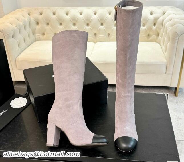 Trendy Design Chanel Suede and Calfskin Heel High Boots 8cm Dusty Purple 1015088