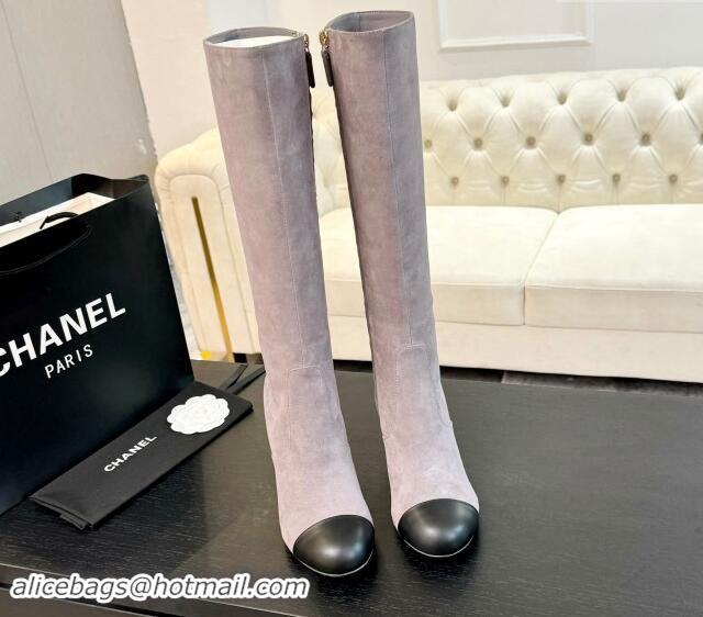 Trendy Design Chanel Suede and Calfskin Heel High Boots 8cm Dusty Purple 1015088