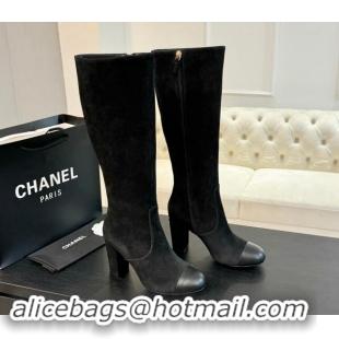 Stylish Chanel Suede and Calfskin Heel High Boots 8cm Black 015089