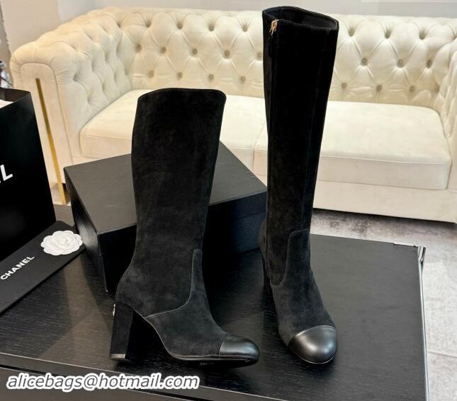 Stylish Chanel Suede and Calfskin Heel High Boots 8cm Black 015089