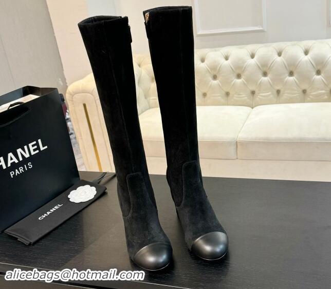 Stylish Chanel Suede and Calfskin Heel High Boots 8cm Black 015089