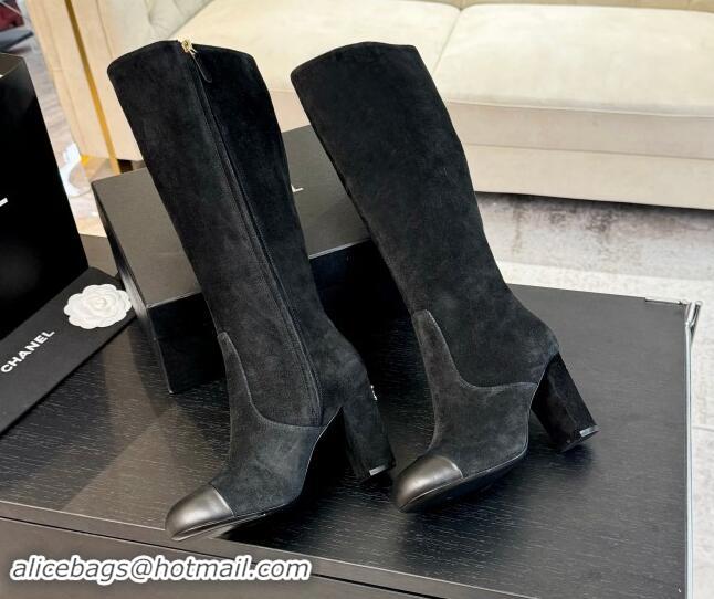 Stylish Chanel Suede and Calfskin Heel High Boots 8cm Black 015089