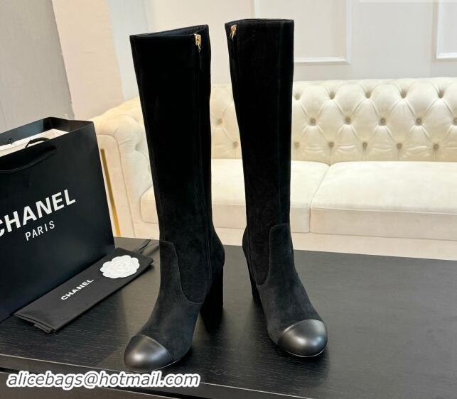 Stylish Chanel Suede and Calfskin Heel High Boots 8cm Black 015089