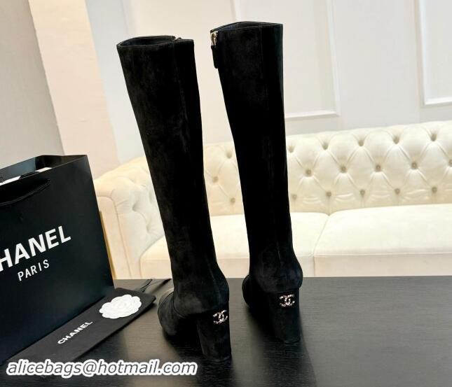 Stylish Chanel Suede and Calfskin Heel High Boots 8cm Black 015089