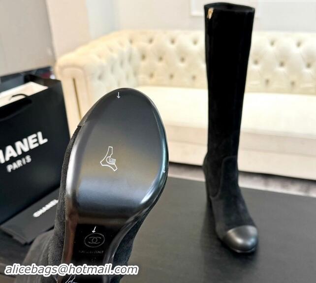 Stylish Chanel Suede and Calfskin Heel High Boots 8cm Black 015089