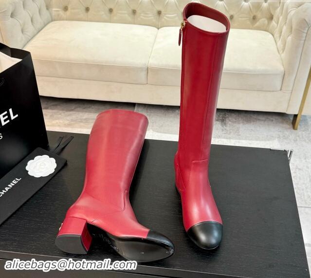 Sumptuous Chanel Calfskin Leather Heel High Boots 4.5cm Red 015090