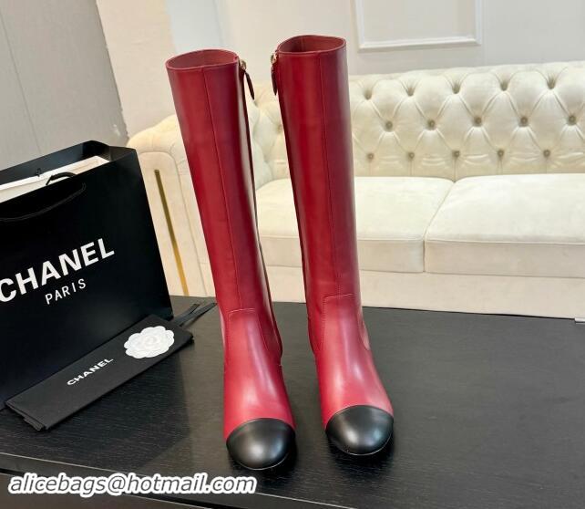 Sumptuous Chanel Calfskin Leather Heel High Boots 4.5cm Red 015090