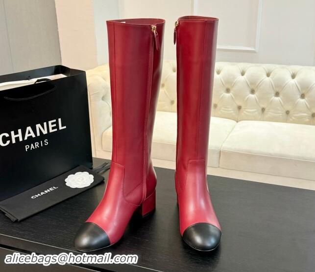 Sumptuous Chanel Calfskin Leather Heel High Boots 4.5cm Red 015090