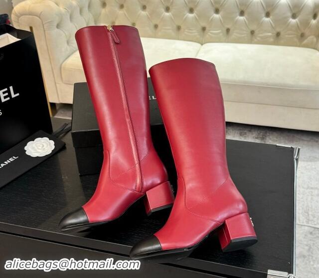 Sumptuous Chanel Calfskin Leather Heel High Boots 4.5cm Red 015090