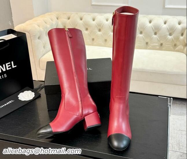 Sumptuous Chanel Calfskin Leather Heel High Boots 4.5cm Red 015090