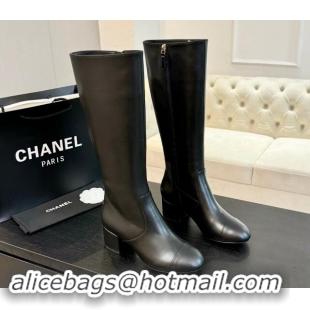 Charming Chanel Calfskin Leather Heel High Boots 4.5cm Black 015091