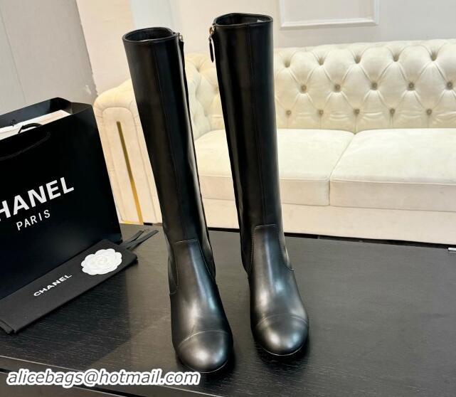 Charming Chanel Calfskin Leather Heel High Boots 4.5cm Black 015091