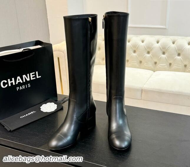 Charming Chanel Calfskin Leather Heel High Boots 4.5cm Black 015091