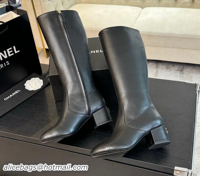 Charming Chanel Calfskin Leather Heel High Boots 4.5cm Black 015091