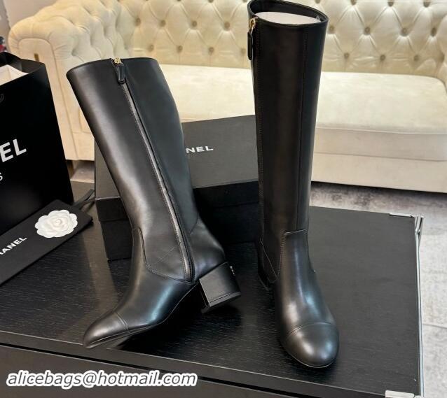 Charming Chanel Calfskin Leather Heel High Boots 4.5cm Black 015091