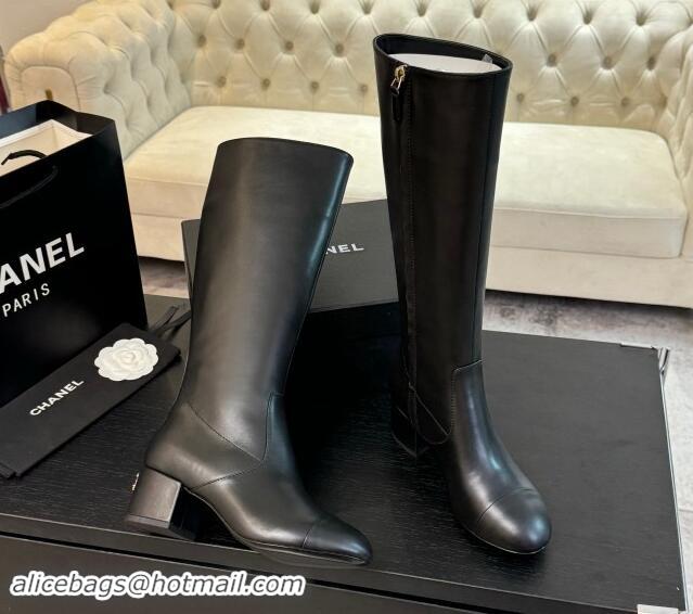 Charming Chanel Calfskin Leather Heel High Boots 4.5cm Black 015091