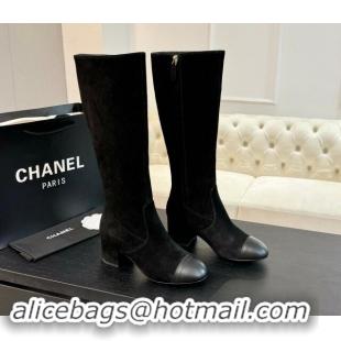 Luxury Discount Chanel Suede and Calfskin Heel High Boots 4.5cm Black 015092