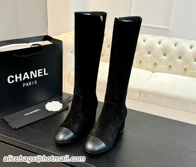 Luxury Discount Chanel Suede and Calfskin Heel High Boots 4.5cm Black 015092