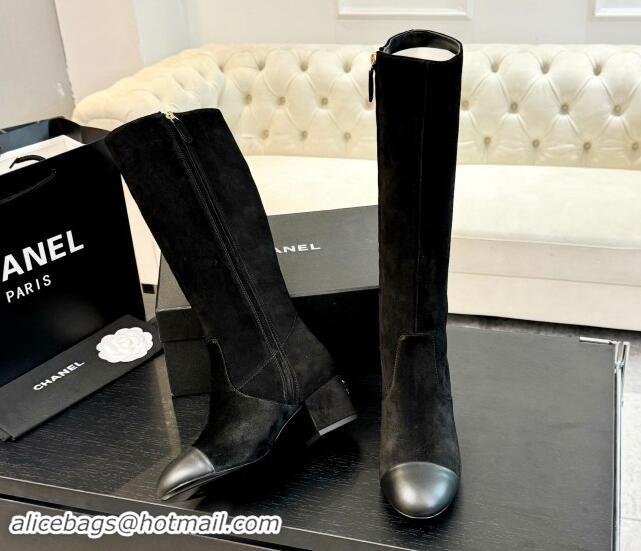 Luxury Discount Chanel Suede and Calfskin Heel High Boots 4.5cm Black 015092