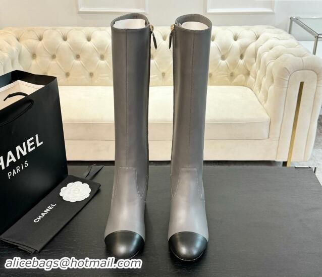 Luxury Chanel Calfskin Leather Heel High Boots 4.5cm Grey 015093