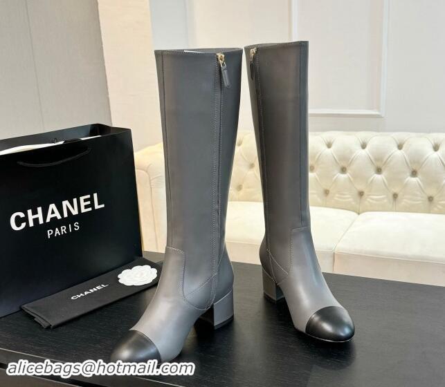 Luxury Chanel Calfskin Leather Heel High Boots 4.5cm Grey 015093