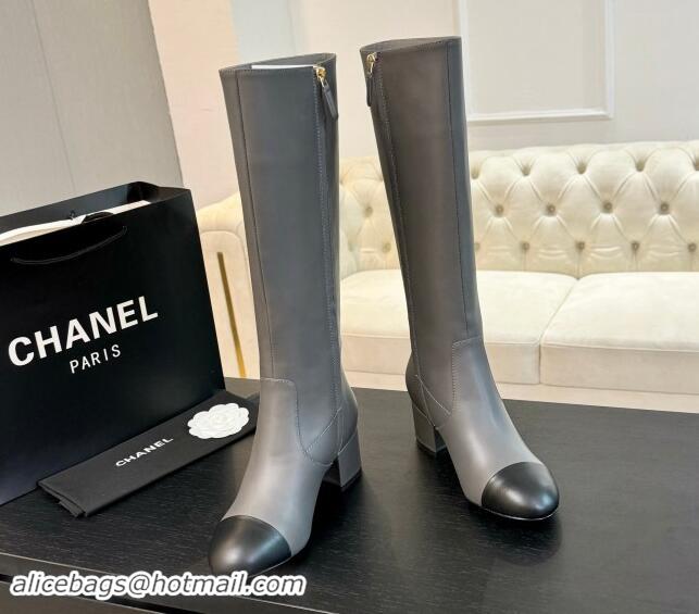 Luxury Chanel Calfskin Leather Heel High Boots 4.5cm Grey 015093